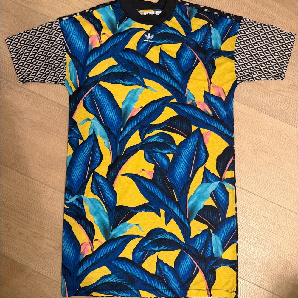 NEW Adidas originals X Farm Rio Tropical Blue Leaf Tee Shirt Dress